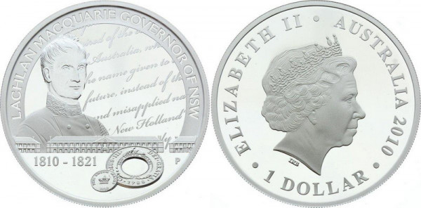 Австралия, 1 доллар 2010 год,Губернатор Маккуори Лаклан, ПРУФ