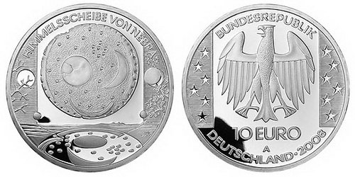 Германия, 10 евро 2008 A (PROOF) Уникальный артефакт «Небесный диск из Небры»