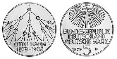 Германия, 5 марок 1979 год, Отто Ган