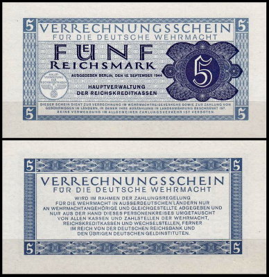 Германия 5 марок 1944 UNC P.M39 Для вермахта