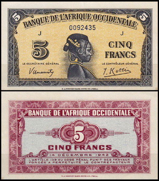 Французская Западная Африка 5 франков 1942 (UNC Pick 28)