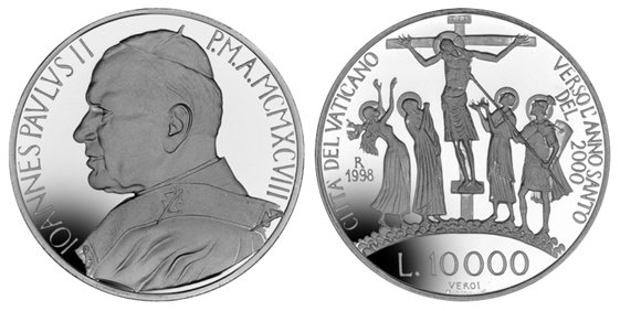 Ватикан, 10000 лир 1998 год, Иисус на кресте, ПРУФ