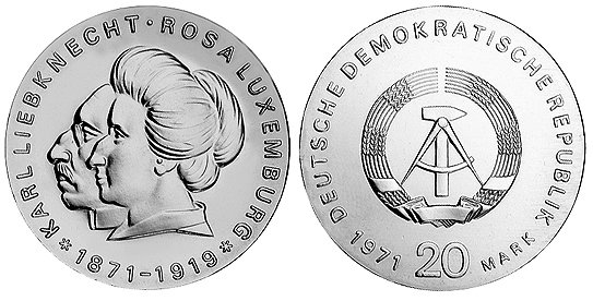 ГДР, 20 марок 1971 год, К,Либкнехт и Р,Люксембург