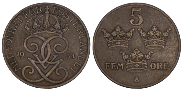 Швеция, 5 эре 1934 год