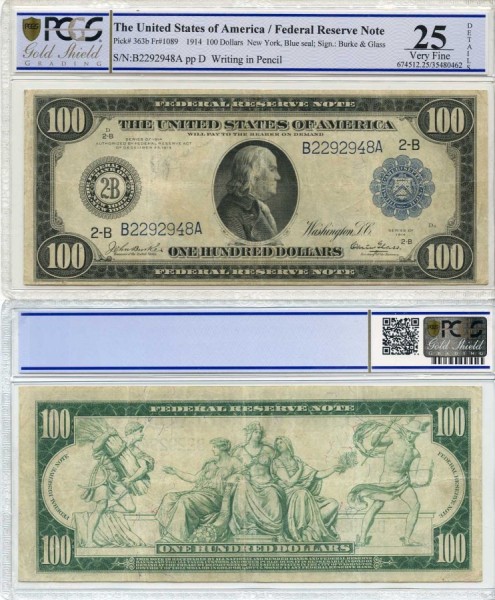 США 100 долларов 1914 (UNC Pick 363 b) PCGS 25