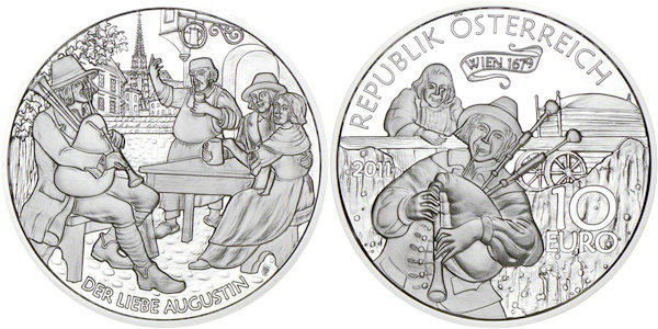 Австрия, 10 евро 2011 год, Августин, переживший эпидемию чумы