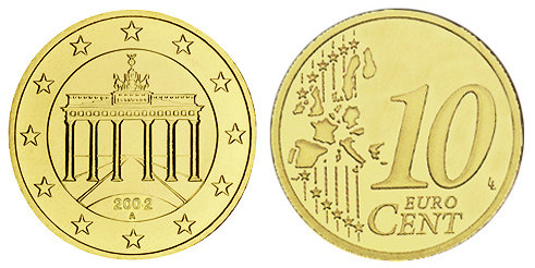 Германия, 10 центов 2002-A (UNC, латунь)