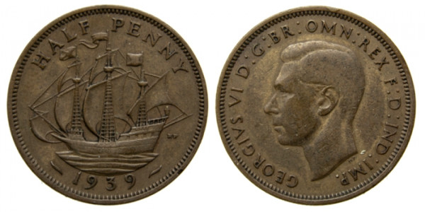 Англия, 1/2 пенни 1939 год