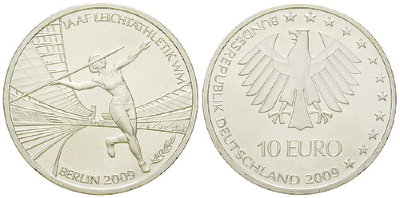 Германия, 10 евро 2009 ADFGJ (UNC) Чемпионат мира по легкой атлетике в Берлине