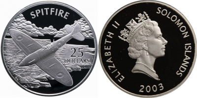 Соломоновы острова, 25 доллар 2003 год - Самолеты мира Spitfire
