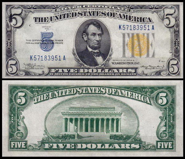 США 5 долларов 1934A (AUNC Pick 416AY) Silver Certificate