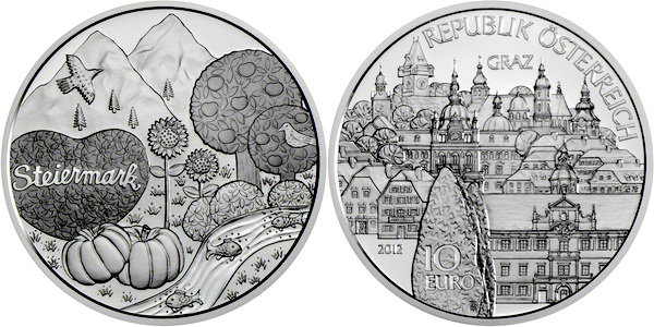 Австрия, 10 евро 2012 год, Столица Штирии - город Грац, ПРУФ