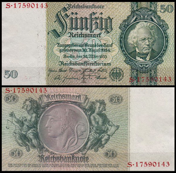 Германия 50 марок 1933 AUNC P.182a в/з портрет