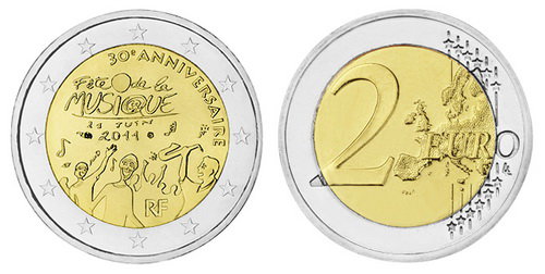 Франция, 2 евро 2011 (UNC) 30 лет фестивалю музыки во Франции