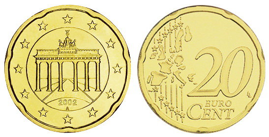 Германия, 20 центов 2002-A (UNC, латунь)