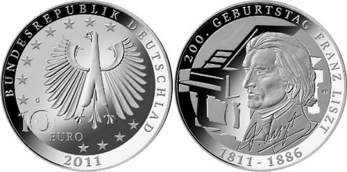 Германия, 10 евро 2011 200 лет со дня рождения композитора Франца Листа