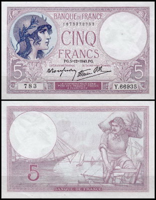 Франция 5 франков 1940 (UNC Pick 83)