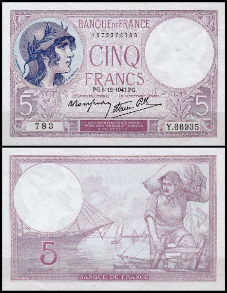 Франция 5 франков 1940 (UNC Pick 83)