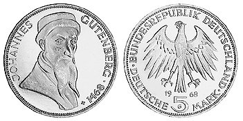 Германия, 5 марок 1968 год, Иоганн Гутенберг