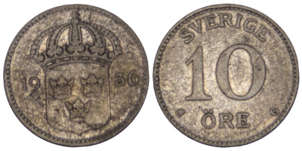 Швеция, 10 эре 1936 год