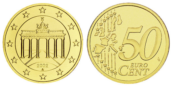 Германия, 50 центов 2002-A (UNC, латунь)