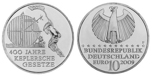 Германия, 10 евро 2009 F (UNC) 400 лет законам Кеплера, немецкого математика и астронома