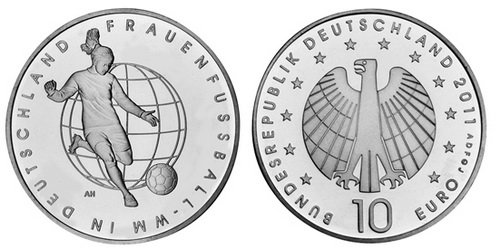 Германия, 10 евро 2011 ADFGJ (UNC, никель) Чемпионат мира по футболу среди женщин в Канаде