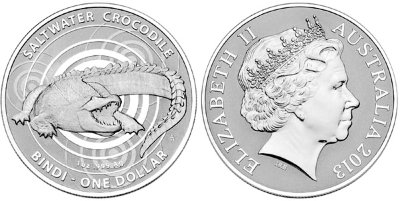 Австралия, 1 доллар 2013 (UNC, серебро) Австралийский морской крокодил Бинди