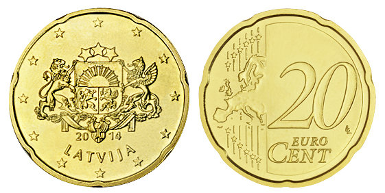 Латвия, 20 центов 2014 (UNC, латунь)