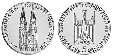 Германия, 5 марок 1980 год, Кёльнский собор