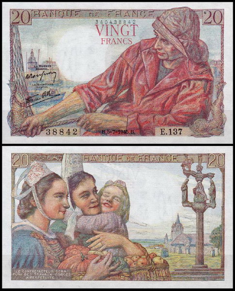 Франция 20 франков 1945 (UNC Pick 100b)
