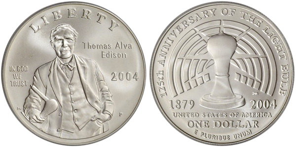 США, 1 доллар 2004 год, 125 лет изобретению лампочки Эдисона