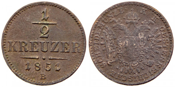 Австрия, 1/2 крейцера 1851(В) год, VF