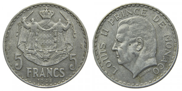 Монако, 5 франка 1945 год,