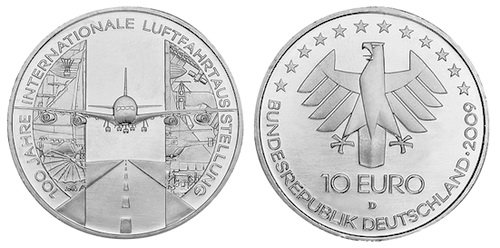 Германия, 10 евро 2009 D (UNC) 100 лет первой авиационной выставке в Париже