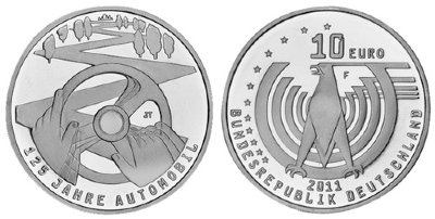 Германия, 10 евро 2011 F (UNC, никель) 125 лет первому автомобилю