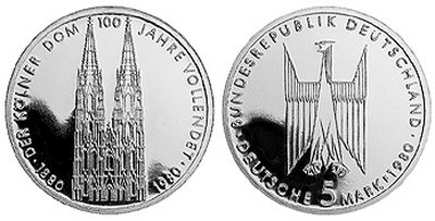 Германия, 5 марок 1980 год, Кёльнский собор, ПРУФ