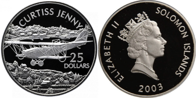 Соломоновы острова, 25 доллар 2003 год - Самолеты мира CURTISS JENNY