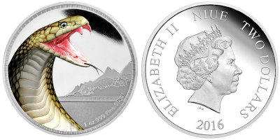 Ниуэ, 2 доллара 2016 год, Кобра, ПРУФ