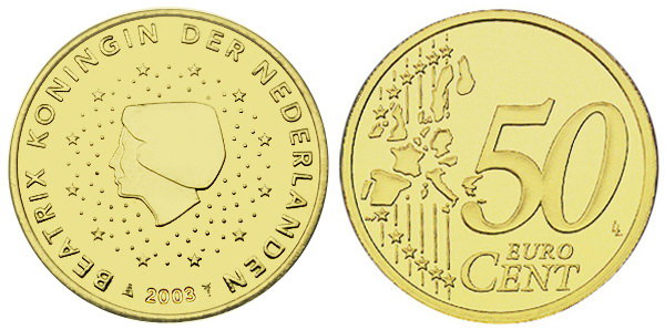 Нидерланды, 50 центов 2003 (UNC, латунь)