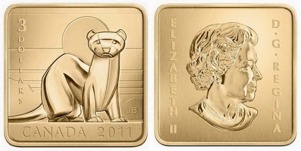 Канада, 3 доллара 2011 год, Черный быстроногий хорек