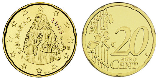 Сан Марино, 20 центов 2005 (UNC, латунь)