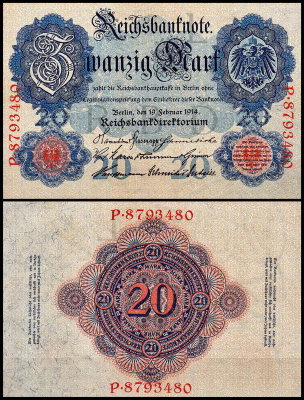 Германия 20 марок 1914 UNC P.46b 7-значный номер