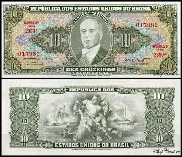 Бразилия 10 крузейро 1962 (UNC Pick 177)