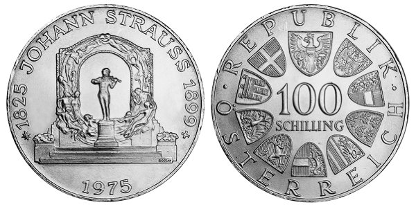 Австрия, 100 шиллингов 1975 год, Иоганн Штраус