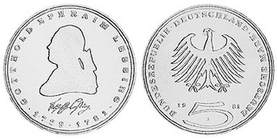 Германия, 5 марок 1981 год, Готтхольд Эфраим Лессинг