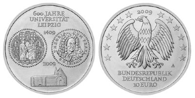 Германия, 10 евро 2009 A (UNC) 600-летие Лейпцигского университета