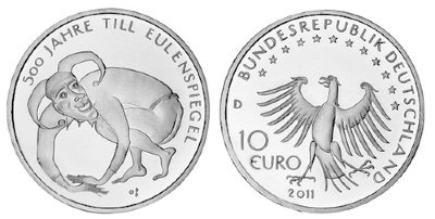Германия, 10 евро 2011 D (UNC, никель) 500 лет истории о Тилле Уленшпигеле