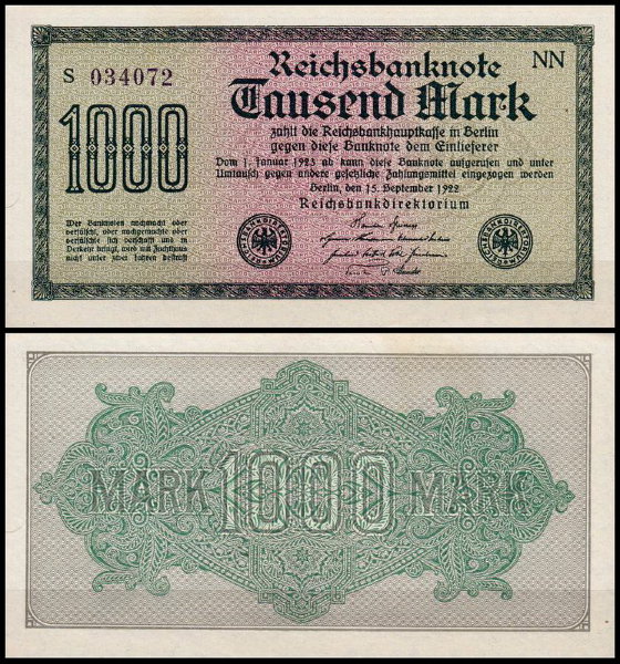 Германия 1000 марок 1922 UNC P.76 Вариант 6
