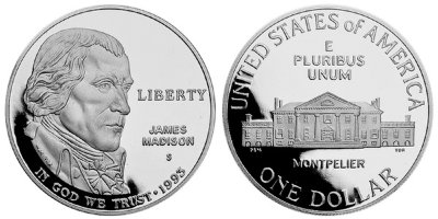 США, 1 доллар 1993 год, Джеймс Мэдисон, ПРУФ